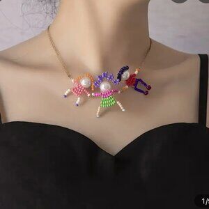 Handmade Beaded 3 Children On A Golden Necklace Whimsical and Fun Multicolored